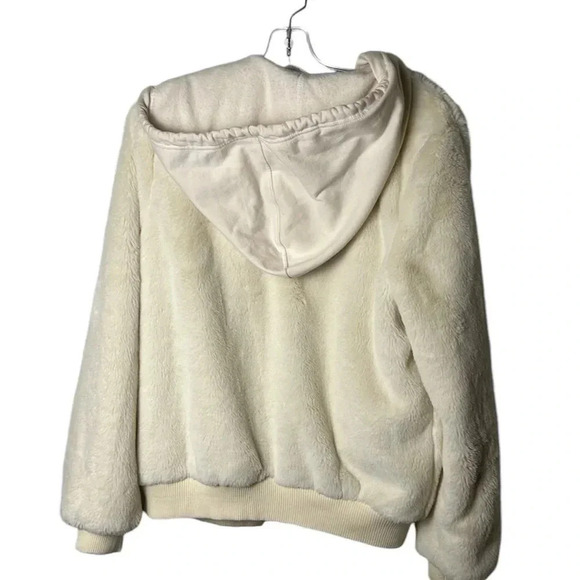 Faux  fur bomber jacket hoodie, zipper, LIKE NEW, cream,detachable hood,mob wife - Picture 4 of 14